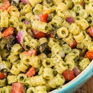 finished pasta salad with pesto.