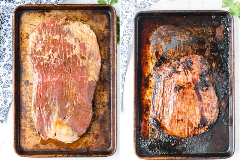 rimmed baking dish showing flank steak before and after broiling.