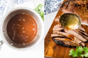 saucepan of asian marinade being spooned over steak
