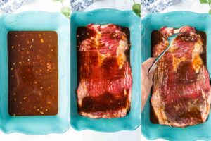 grid of 3 images showing steak in marinade.