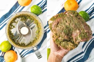spicy herb rub in food processor rubbed on pork.