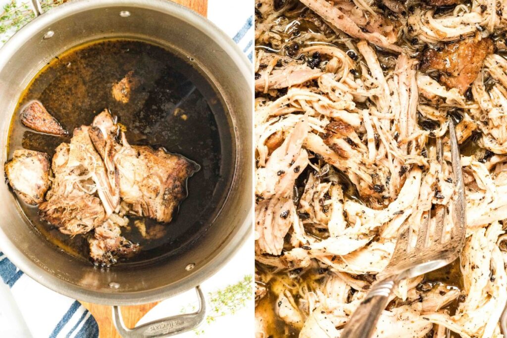 large pan with pork before and after shredding.