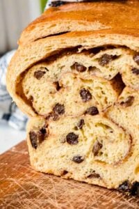 finished loaf of raisin bread with cinnamon swirl.