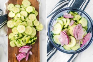 sliced cucumber and onion in bowl.