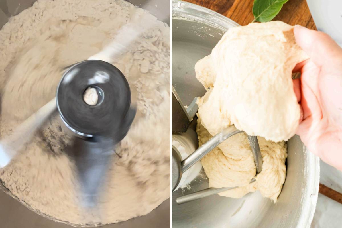stand mixer with kneaded dough.