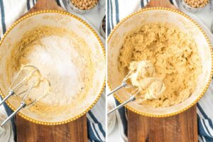dry ingredients added to bowl before and after mixin.