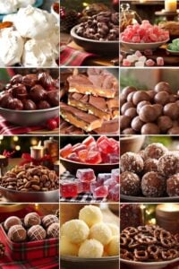 A collage of festive Christmas treats, including nougat, chocolate clusters, colorful gumdrops, chocolate-covered cherries, toffee bark, malted milk balls, spiced nuts, sugared jelly candies, coconut-covered truffles, cocoa dusted truffles, white chocolate truffles, and chocolate-dipped pretzels, perfect for holiday celebrations.