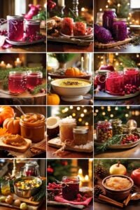 collage of homemade canned recipes among Christmas decorations.