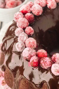 chocolate bundt cake with sugared cranberries on top.