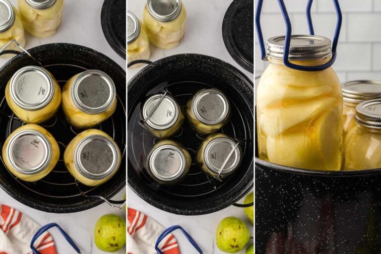 gridof 3 images showing mason jars being submerged in canner.