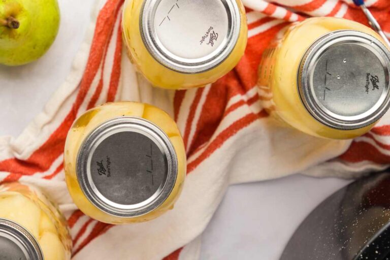 overhead view of canned pears.