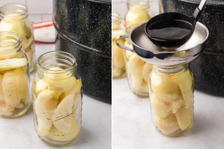 fillilng jars with fresh pears and syrup.