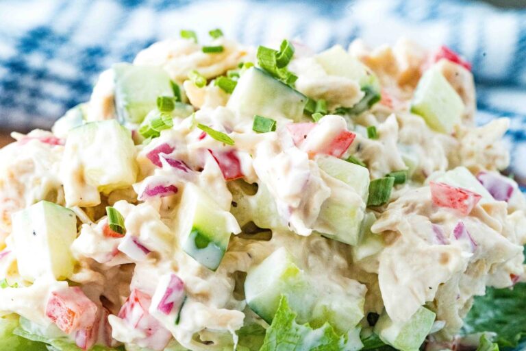 close up view of cucumber chicken salad