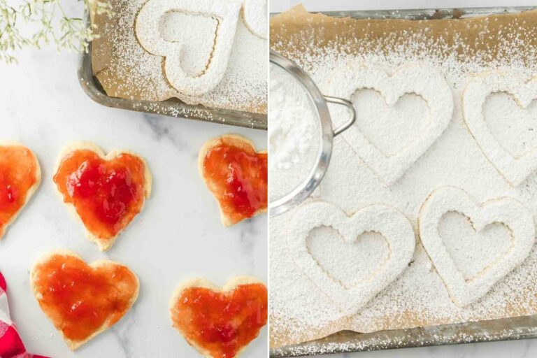 2 layers of cookies with powdered sugar and jam.
