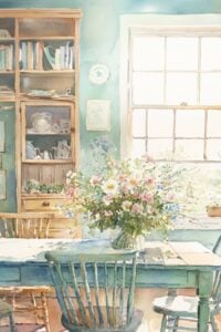 blue kitchen table in front of window.