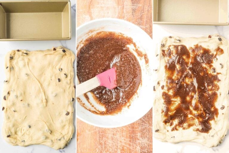 dough stretched into rectangle with cinnamon topping.