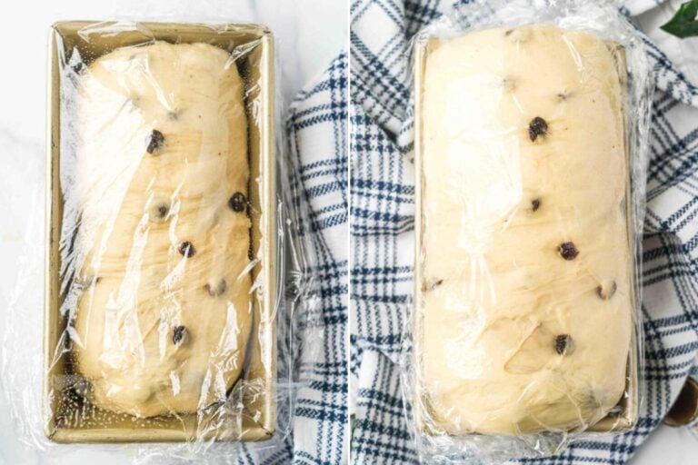 raisin bread dough before and after rising.