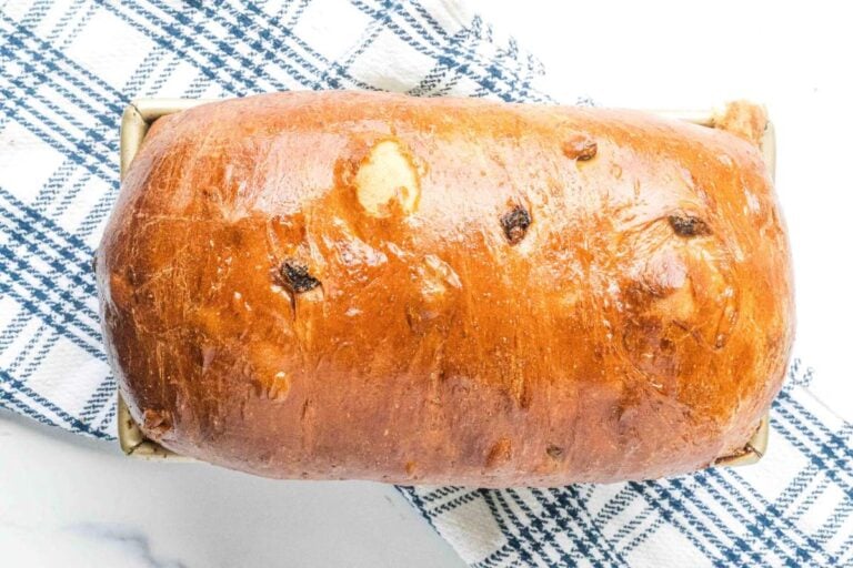 overhead view of shiny homemade raisin bread.