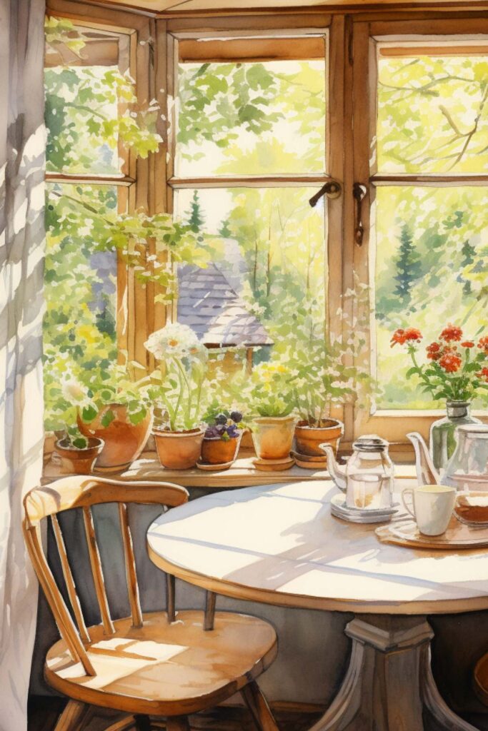 watercolor of modest kitchen,