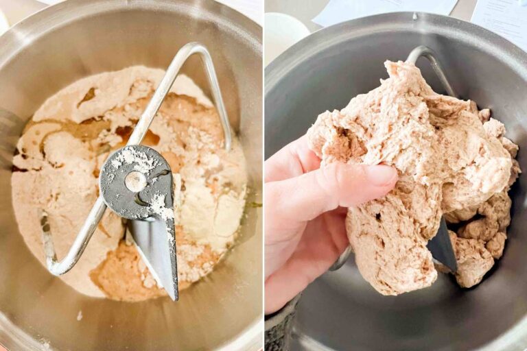 mixer with ingredients before and after mixing.