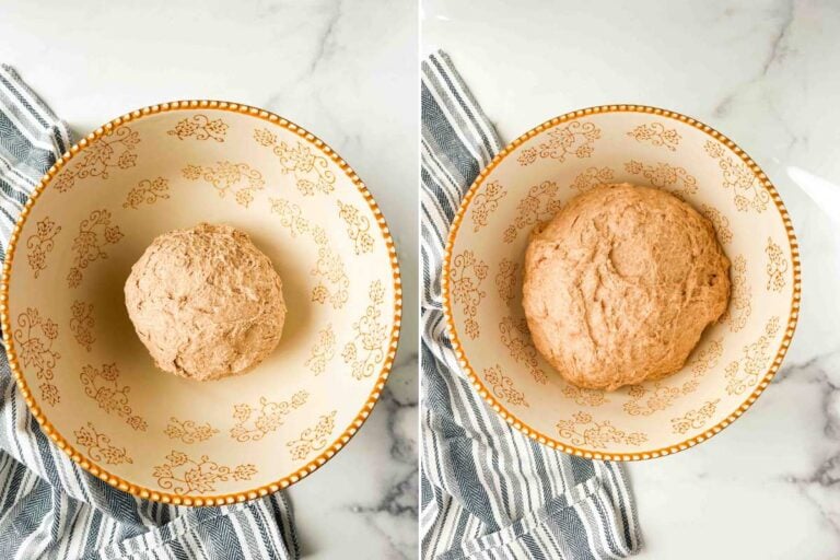 dough in mixing bowl before and after rising.