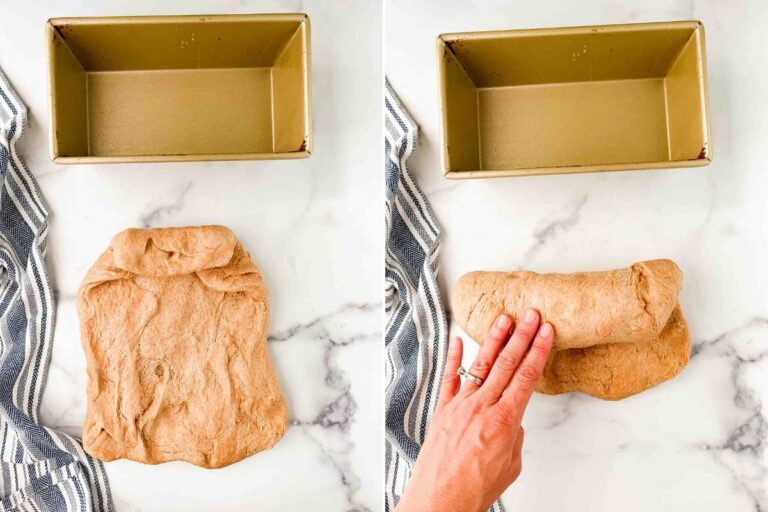 rectangle of dough being rolled into log.