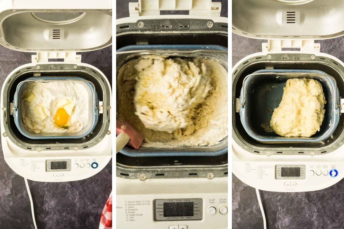 grid of 3 images ingredients mixing in bread machine.