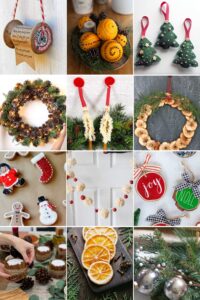 A variety of old-fashioned Christmas decorations, featuring vintage spool ornaments, clove-studded oranges, felt Christmas tree ornaments, pinecone wreaths, cinnamon stick Santas, dried apple wreaths, festive cookie decorations, pom-pom garlands, wooden slice ornaments, cinnamon stick-wrapped candles, dried orange slices, and greenery with silver baubles.