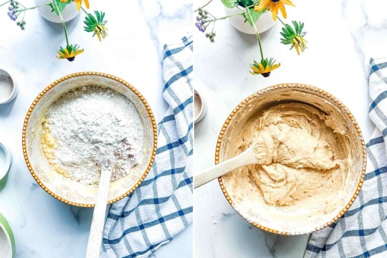 mixing bowl with dry ingredients being added.