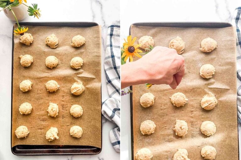 balls of dough being sprinkled with cinnamon sugar