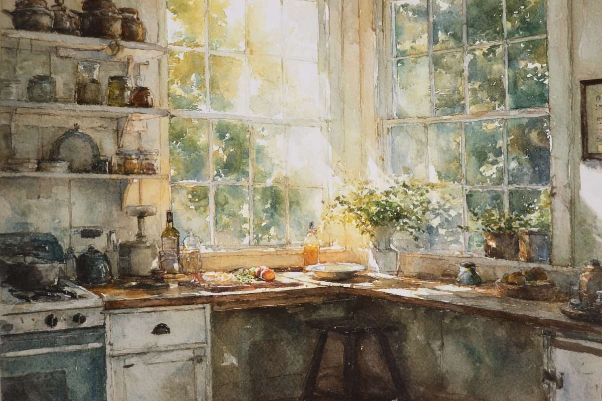 sunlit kitchen with wood counter.