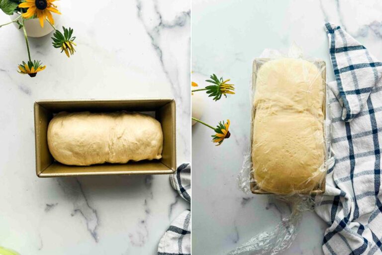loaf pan before and after second rise.