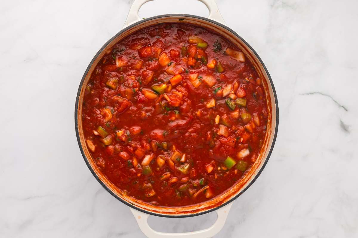 large pot of salsa cooking.