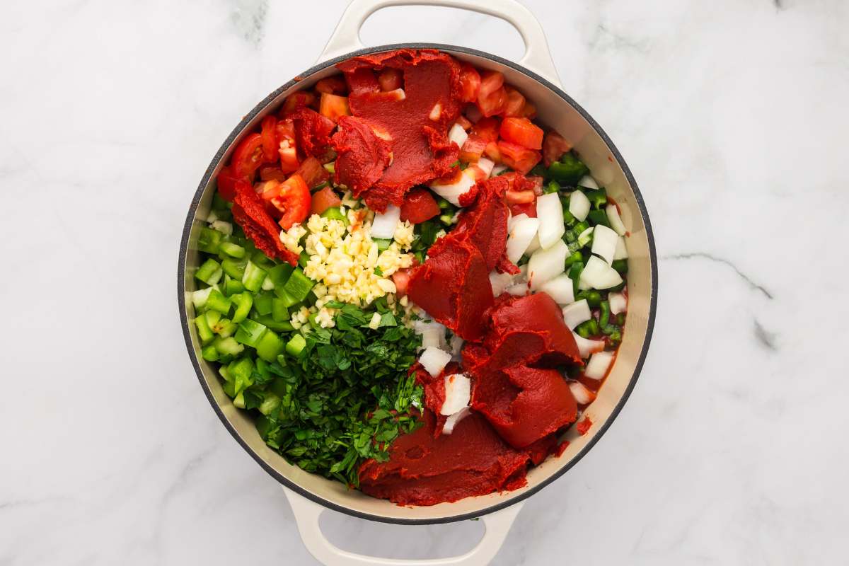 chopped veggies in large saucepan.