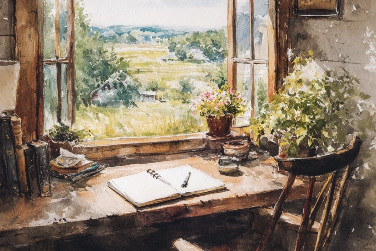 wooden desk looking out window.