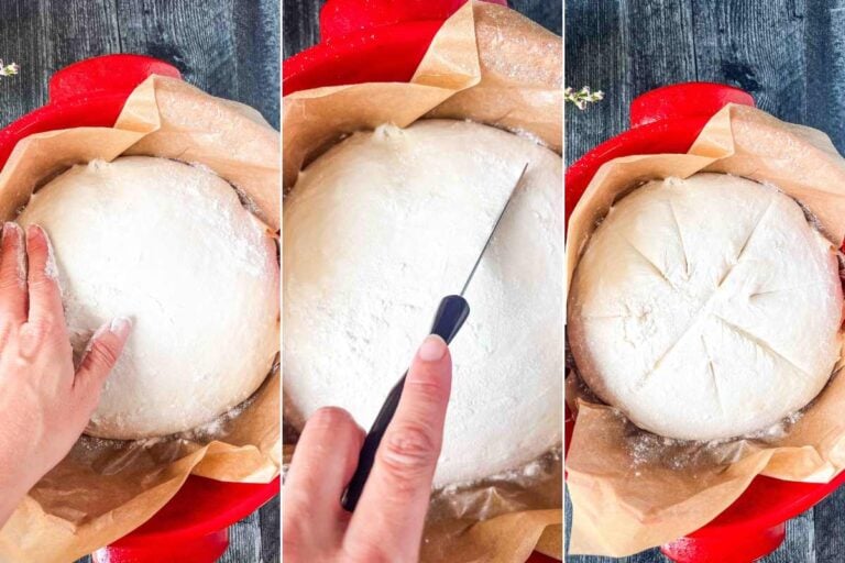 round dough being slashed and dusted with flour.