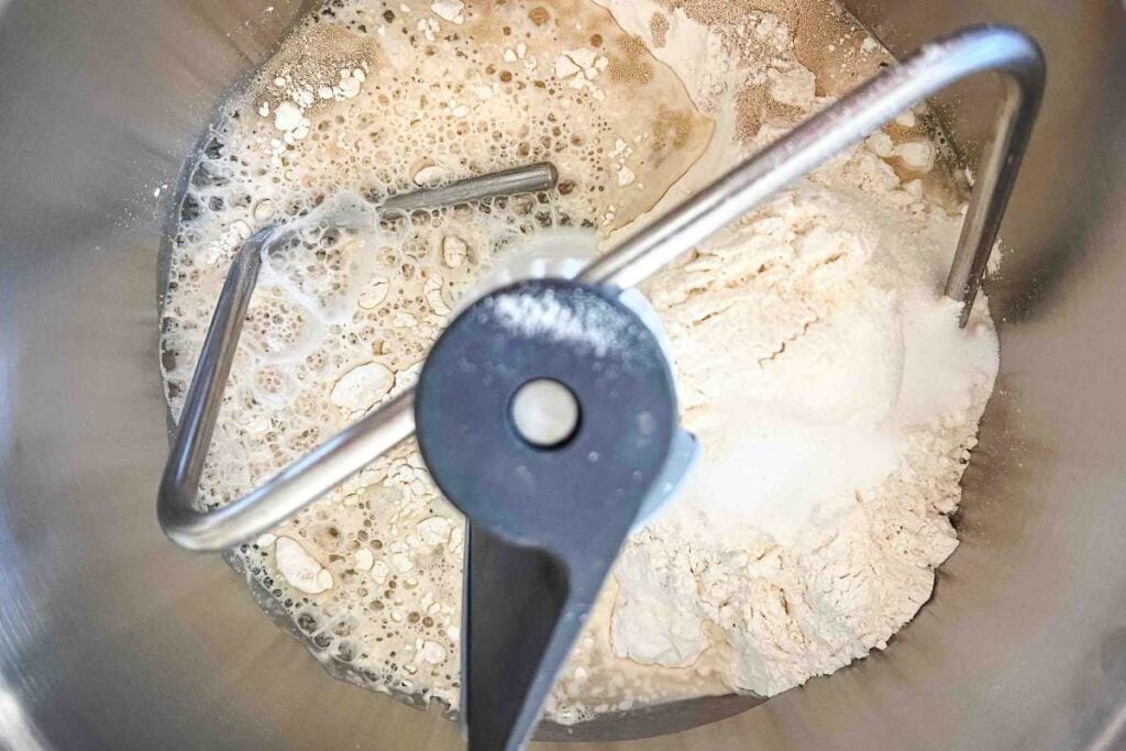 bread ingredients in stand mixer.