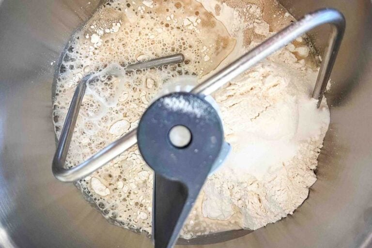 bread ingredients in stand mixer.