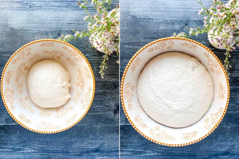 dough in mixing bowl before and after rising.
