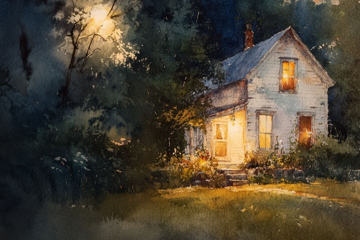 white farmhouse lit from within.