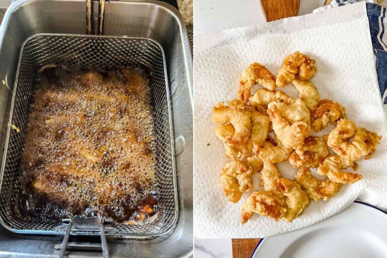 shrimp in fryer and draining on paper towels.