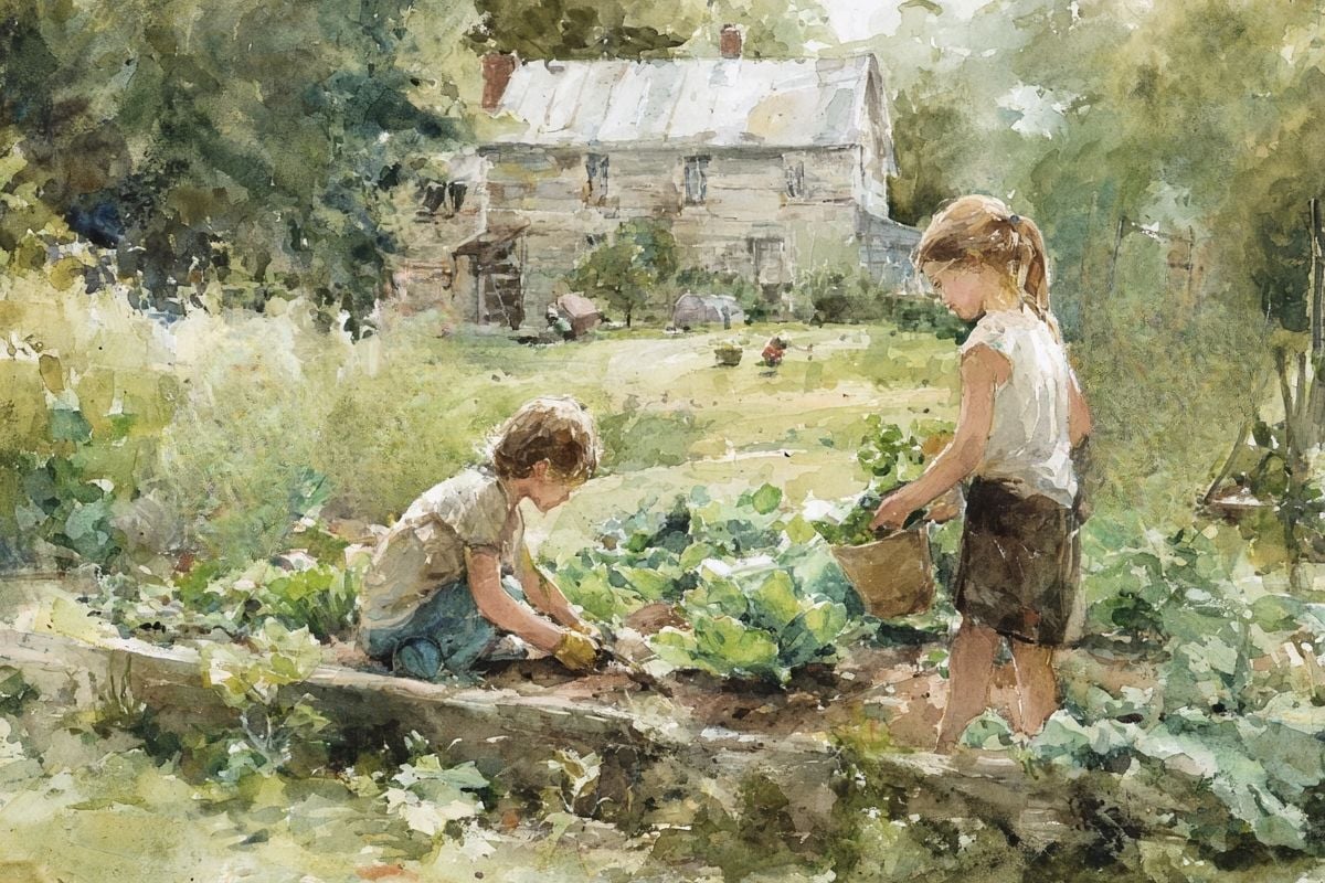 kids helping in garden.