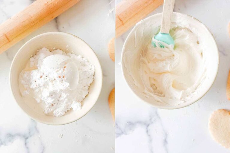 bowl of frosting ingredients before and after beating