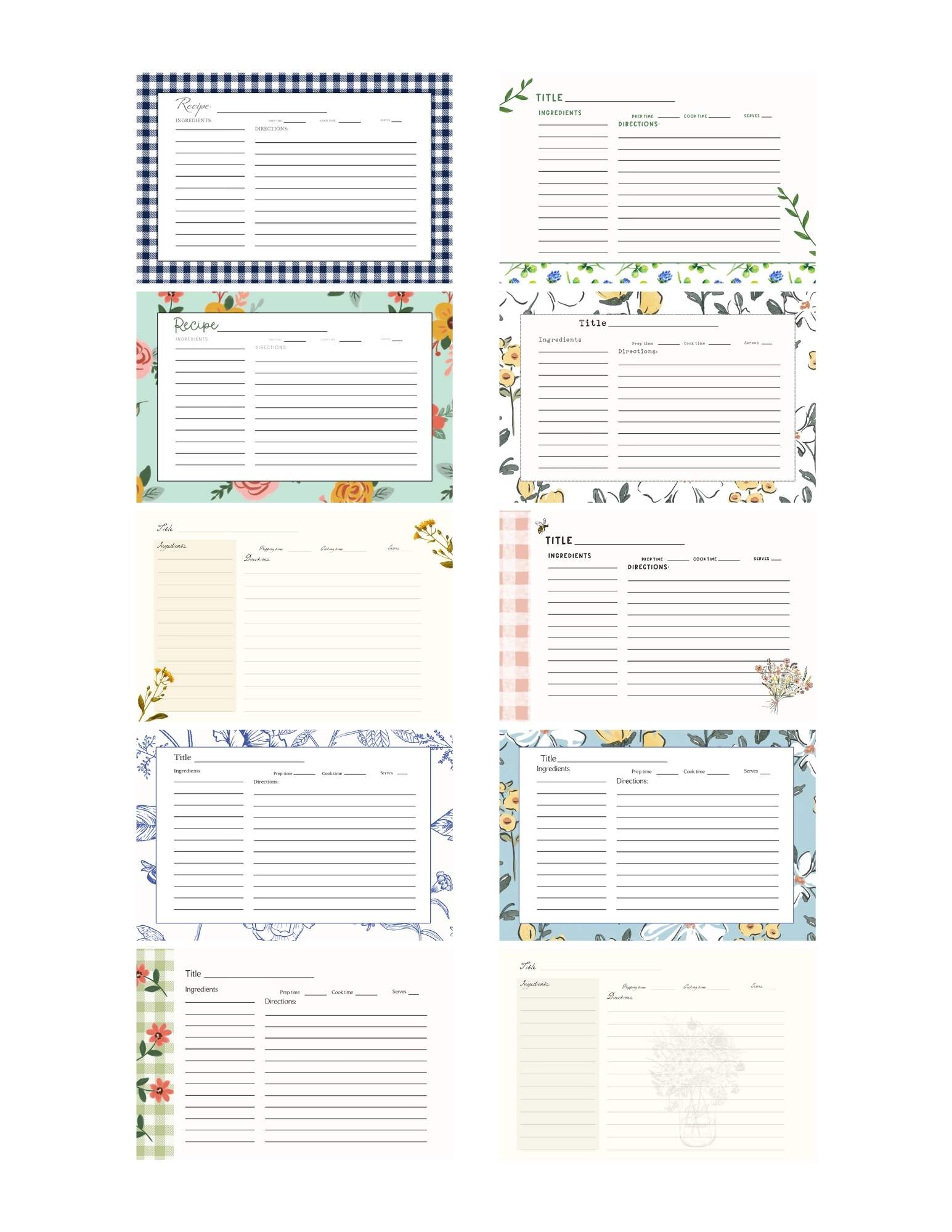 Free Printable Farmhouse Floral Recipe Cards and Dividers - The