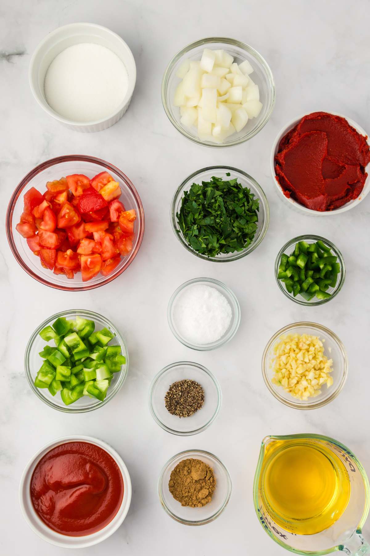 ingredients on marble counter.
