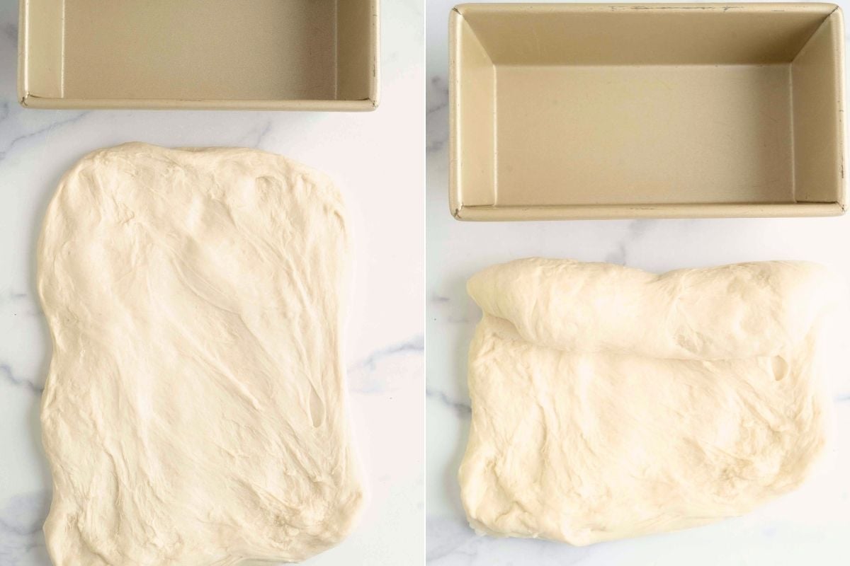 dough being shaped into loaf.