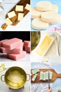 grid of 6 images of soap bars and soapmaking