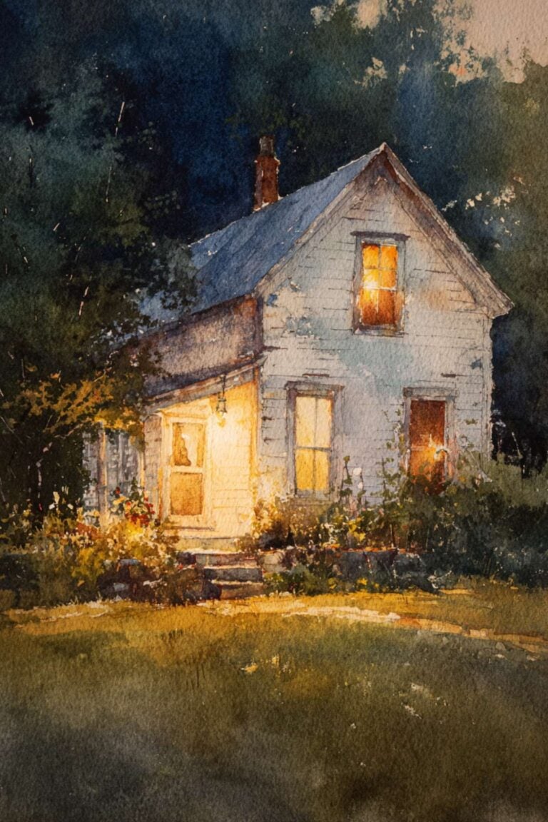 white farmhouse lit up on evening.