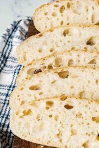 close up of sliced sourdough loaf.