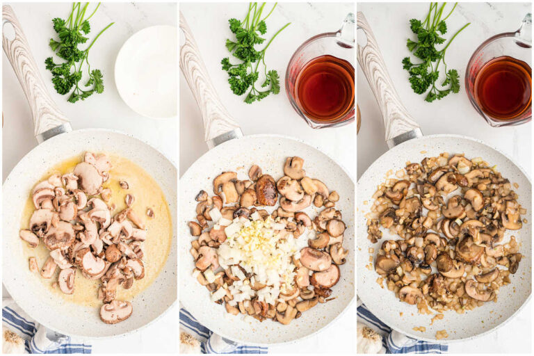 saucepan with mushrooms and onions cooked in butter.